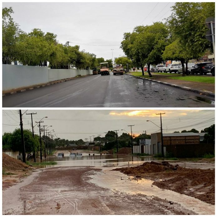 Enquanto áreas centrais recebem recapeamento por cima do asfalto, bairros estão na lama e atoleiros (Fotos: Divulgação)