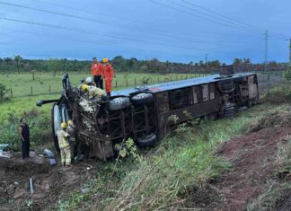 Ônibus de passageiros tomba na BR-174 em Caracaraí
