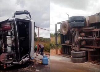 Caminhão capota após colisão com carro na BR-174 em Boa Vista Caminhão capota após colisão com carro na BR-174 em Boa Vista