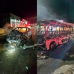 Carro e micro-ônibus pegam fogo após colisão em São Luiz, no Sul de Roraima