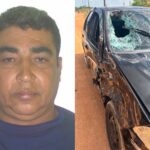 Motociclista morre em colisão com carro P.A Nova Amazônia `Montagem mostra foto de homem que morreu em acidente e carro com o para-brisa quebrado após colisão no P.A. Nova Amazônia.`