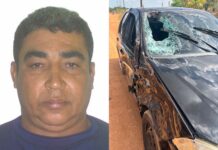 Motociclista morre em colisão com carro P.A Nova Amazônia `Montagem mostra foto de homem que morreu em acidente e carro com o para-brisa quebrado após colisão no P.A. Nova Amazônia.`