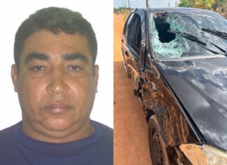 Motociclista morre em colisão com carro P.A Nova Amazônia `Montagem mostra foto de homem que morreu em acidente e carro com o para-brisa quebrado após colisão no P.A. Nova Amazônia.`