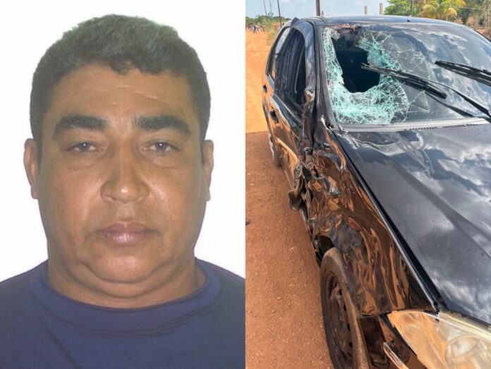 `Montagem mostra foto de homem que morreu em acidente e carro com o para-brisa quebrado após colisão no P.A. Nova Amazônia.`