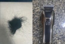 Jovem tem cabelo raspado e sofre tentativa de sequestro em emboscada motivada por traição Montagem fotográfica mostra, à esquerda, um tufo de cabelo escuro cortado da vítima e, à direita, a máquina elétrica de cortar cabelo utilizada pelas agressoras e apreendida pela polícia.