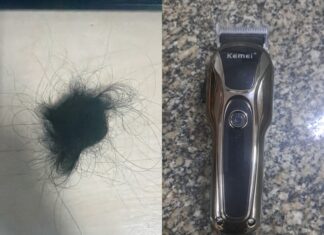 Jovem tem cabelo raspado e sofre tentativa de sequestro em emboscada motivada por traição Montagem fotográfica mostra, à esquerda, um tufo de cabelo escuro cortado da vítima e, à direita, a máquina elétrica de cortar cabelo utilizada pelas agressoras e apreendida pela polícia.